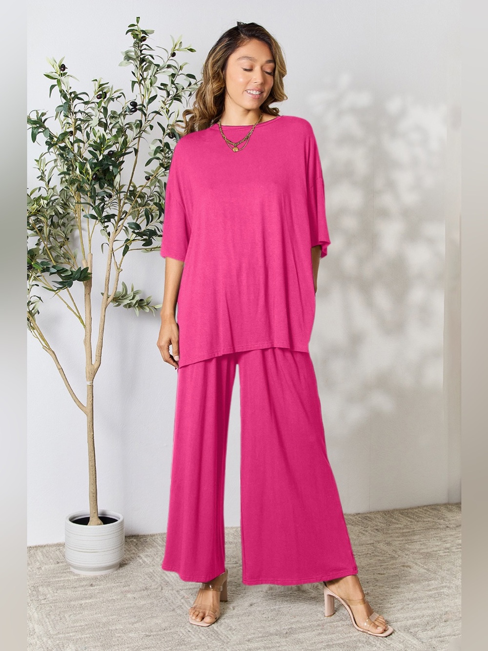 Double Take Full Size Round Neck Slit Top and Pants Set